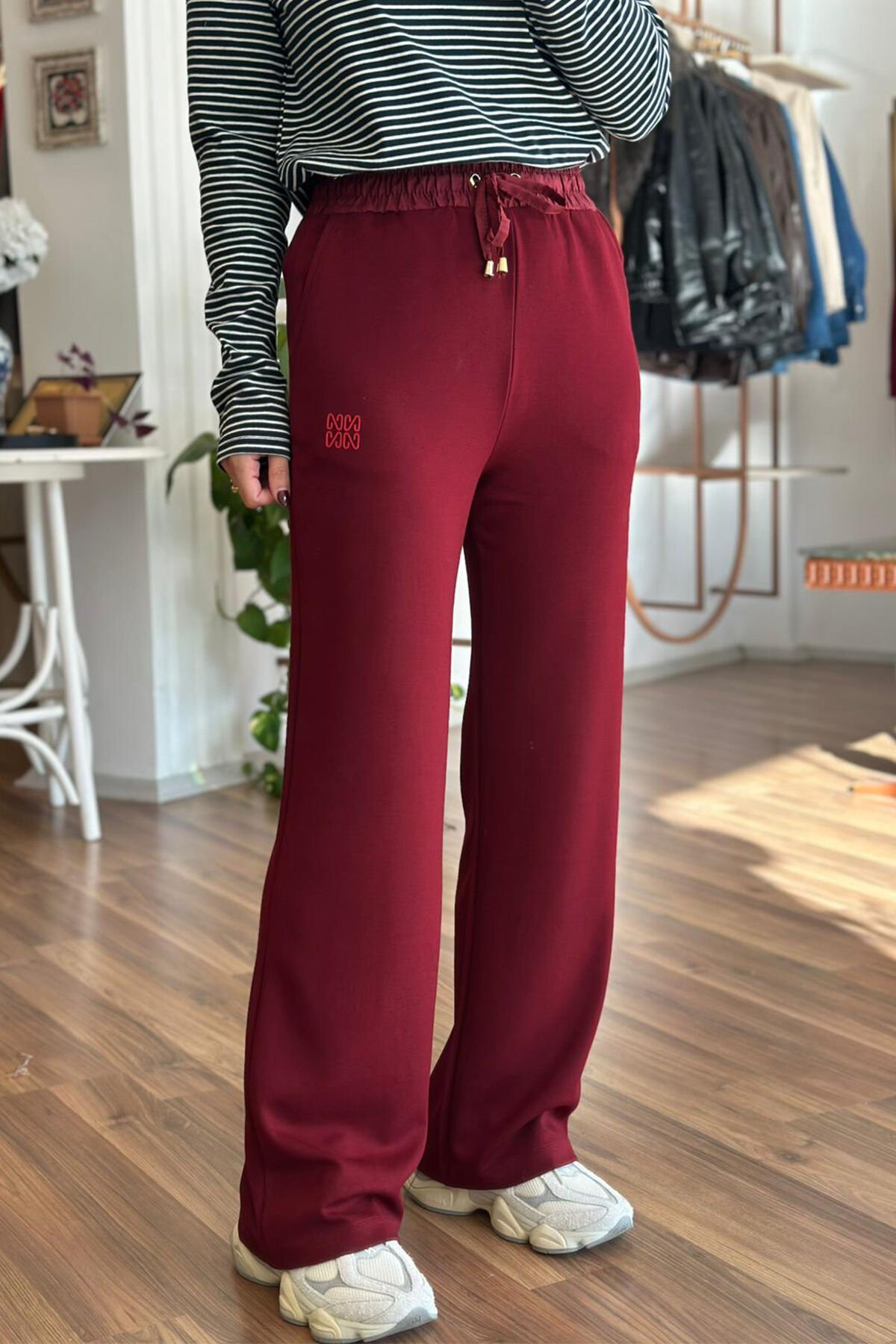 Bordo Yüksek Bel Modal Kumaş Eşofman Altı