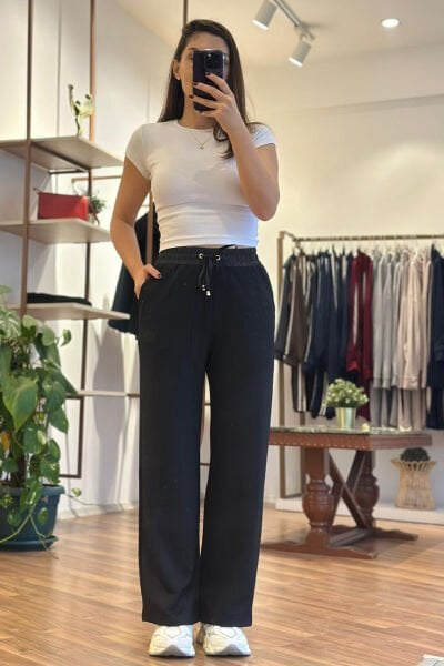 Siyah Yüksek Bel Modal Kumaş Eşofman Altı