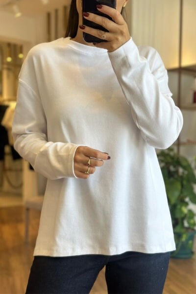 Beyaz Bisiklet Yaka Uzun Kollu Pamuklu Tshirt