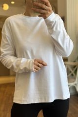 Beyaz Bisiklet Yaka Pamuklu Uzun Kollu Basic Tshirt