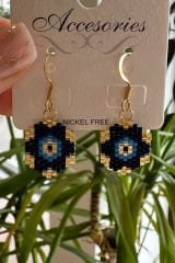 Lacivert Çiçek Desen Çelik Küpe
