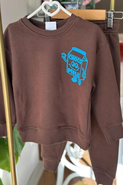 Kahverengi Üç İplik Çocuk Eşofman Takımı