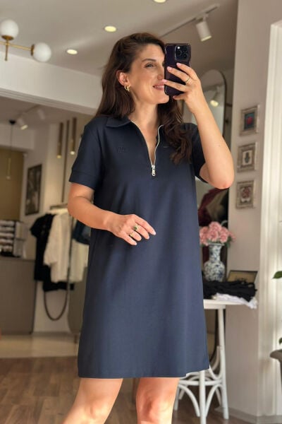 Lacivert Polo Yaka Yarım Fermuarlı Modal Kumaş Elbise