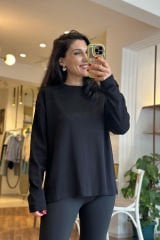 Siyah Bisiklet Yaka Pamuklu Uzun Kollu Basic Tshirt