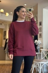 Bordo Modal Kumaş Bisiklet Yaka Yanı Yırtmaçlı Sweatshirt