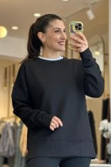 Siyah Modal Kumaş Bisiklet Yaka Yanı Yırtmaçlı Sweatshirt