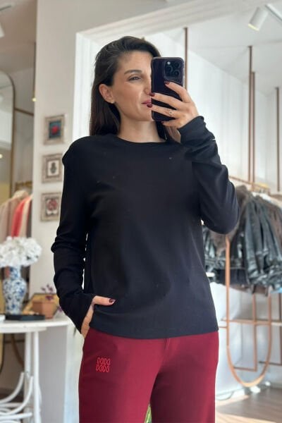 Siyah Bisiklet Yaka Uzun Kollu Pamuklu Basic T-shirt