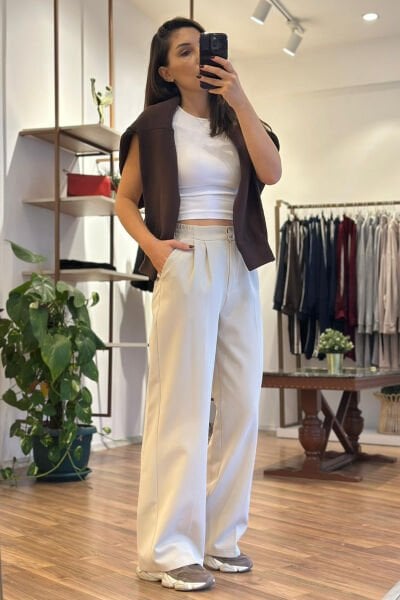 Taş Rengi Beli Lastikli Kırışmayan Kumaş Palazzo Pantolon