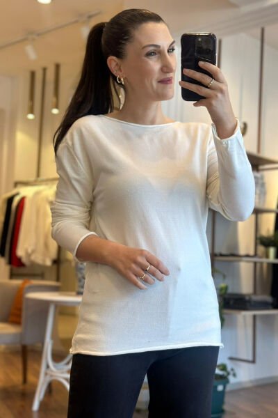 Beyaz Uzun Kollu Standart Beden Triko