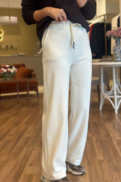 Ekru  Beli Lastikli  Selanik Kumaş Eşofman Altı