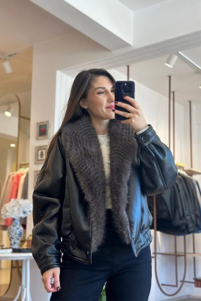 Yakası Kürklü Vintage Deri Ceket