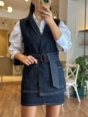 Koyu Lacivert Kemerli Denim Yelek