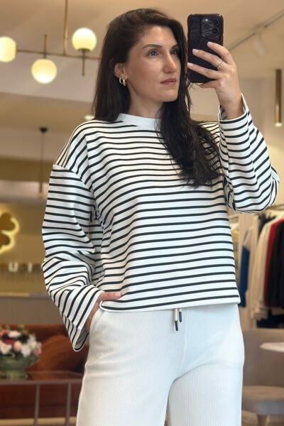 Beyaz Siyah Çizgili İnce Kumaş Sweatshirt