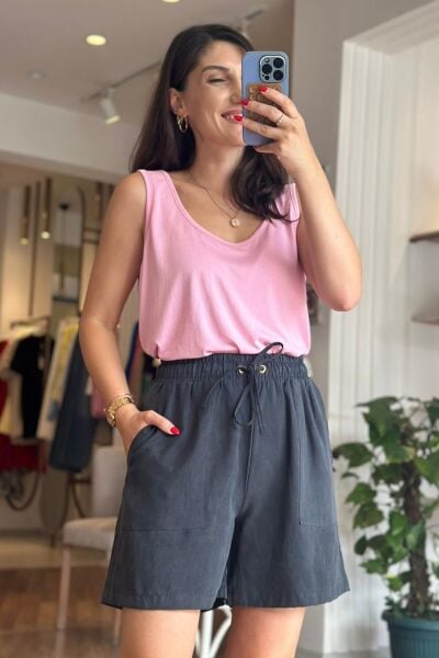 Antrasit Cepli Tensel Kumaş Şehir Boy Şort