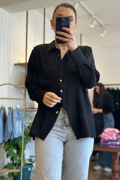 Siyah Gold Düğmeli Keten Gömlek