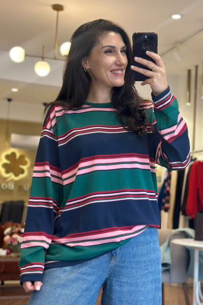 Lacivert Renkli Çizgili Uzunkollu İnce Swetshirt