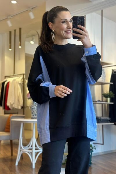 Siyah Modal ve Poplin Kumaş Geçişli Oversize Sweatshirt