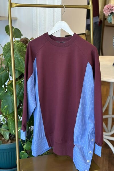 Bordo Modal ve Poplin Kumaş Geçişli Oversize Sweatshirt