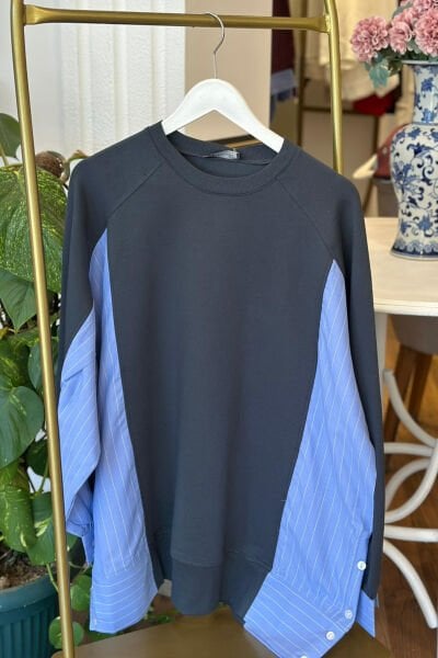 Lacivert Modal ve Poplin Kumaş Geçişli Oversize Sweatshirt
