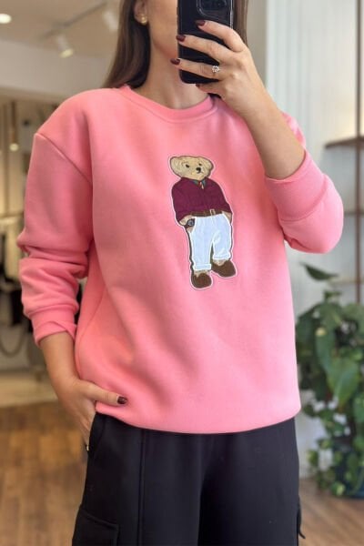 Pembe Önü Nakış İşlemeli İçi Şardonlu Sweatshirt