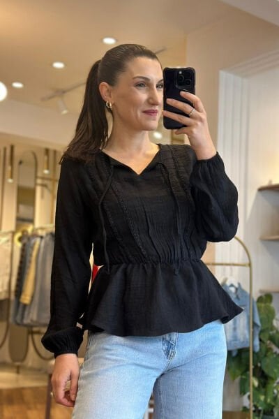 Siyah Uzun Kollu Volanlı Keten Gömlek