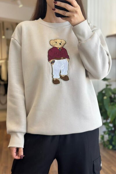 Taş Rengi Önü Nakış İşlemeli İçi Şardonlu Sweatshirt