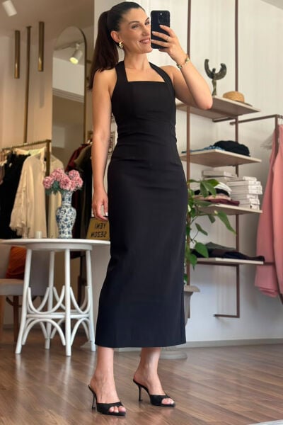 Siyah Boyundan Geçmeli Midi Boy Elbise