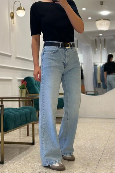 Buz Mavi Arabel Pamuklu ve Kemerli Jean