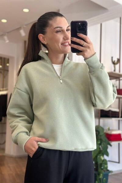 Yeşil Yarı Fermuar Kapamalı İçi Şardonlu Pamuklu Sweatshirt