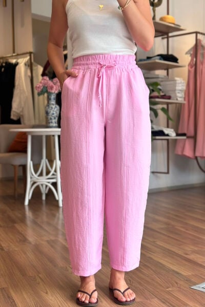 Pembe Tensel Kumaş Beli Lastikli Bilek Boy Pantolon