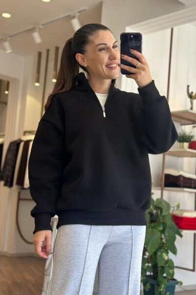 Siyah Yarı Fermuar Kapamalı İçi Şardonlu Pamuklu Sweatshirt