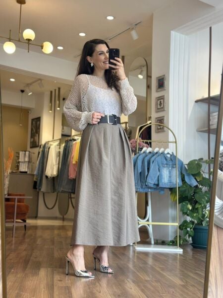 Vizon Renk Yüksek Bel Kemerli Paraşüt Kumaş Etek