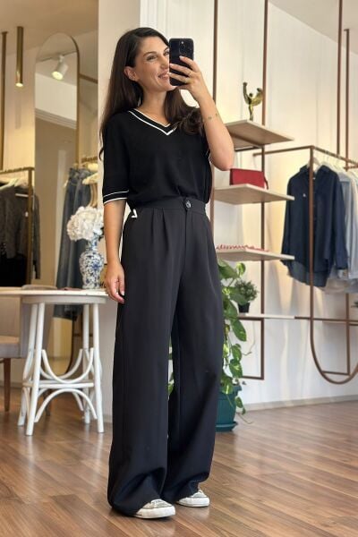 Siyah Beli Lastikli Kırışmayan Kumaş Palazzo Pantolon