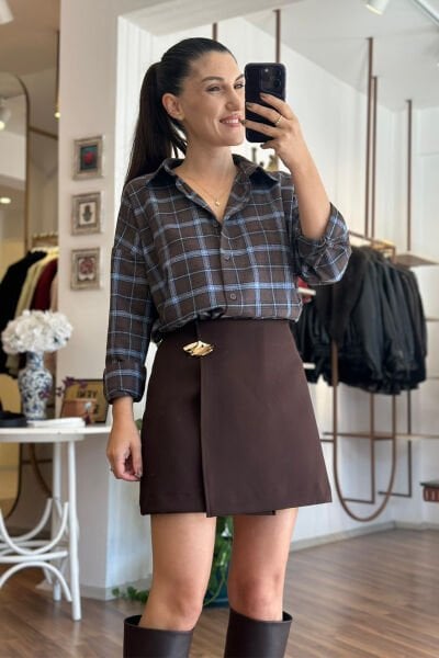 Acı Kahve Gold Toka Detaylı Kumaş Şort Etek