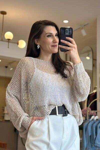 Taş Rengi Standart Beden Ajurlu Merserize Bluz (Ön sipariştir)