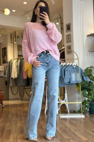 Açık Mavi Kar Yıkama Kemerli Straight Likralı Jean