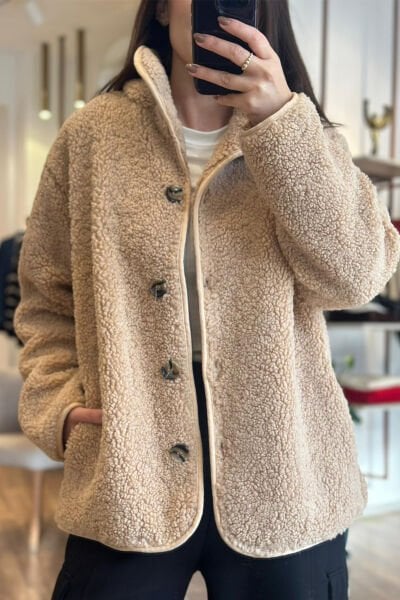 Camel Rengi İçi Astarlı ve Dolgun Teddy Mont