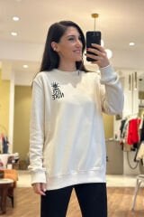 NK Krem Unisex Nakışlı Bisiklet Yaka Sweatshirt (Değişim ve İade Yoktur)