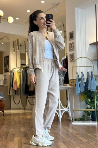 Krem Tensel Kumaş Ceket Pantolon Takım