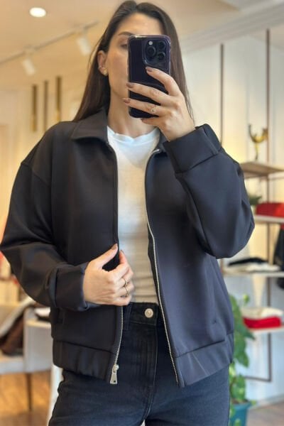 Siyah Scuba Kumaş İnce Ceket