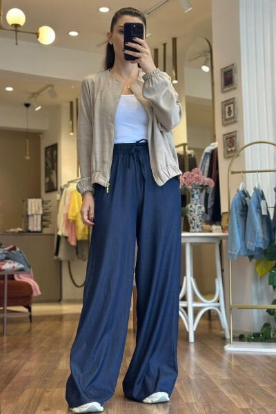 Lacivert Tensel Kumaş Yüksek Bel Palazzo Pantolon
