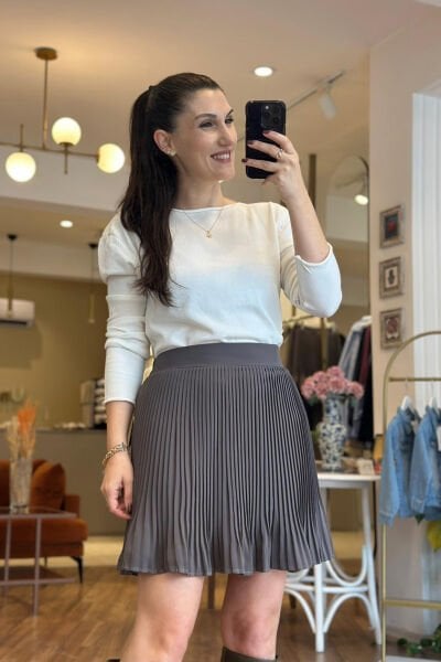 Vizon Beli Lastikli Yüksek Bel Pileli ve Şort Astarlı Etek