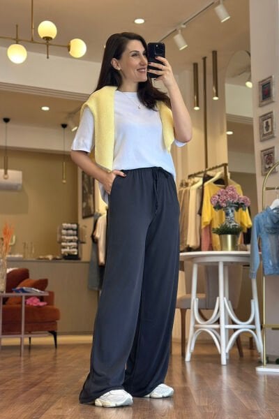 Antrasit Modal Kumaş Beli Bağcıklı Bol Paça Eşofman Altı