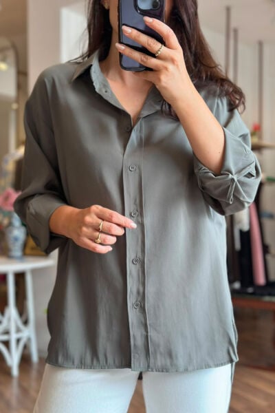 Haki Modal Kumaş Oversize Gömlek