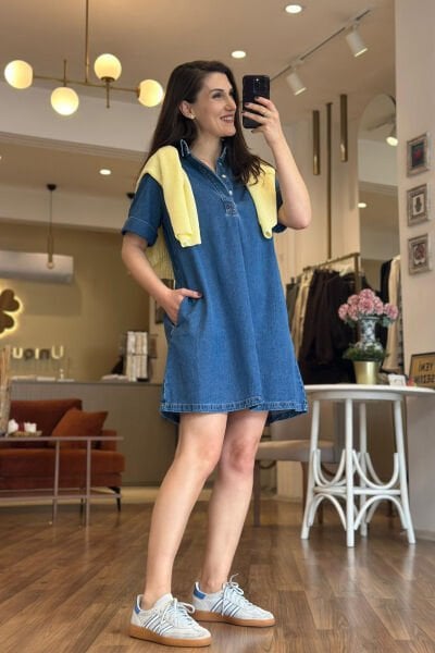 Polo Yaka A Kesim Yumuşak Dokulu Denim Elbise