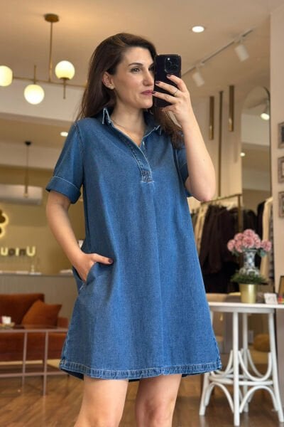 Polo Yaka A Kesim Yumuşak Dokulu Denim Elbise