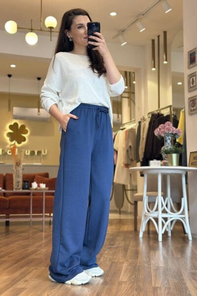 İndigo Mavi Modal Kumaş Yüksek Bel Bol paça Eşofman Altı