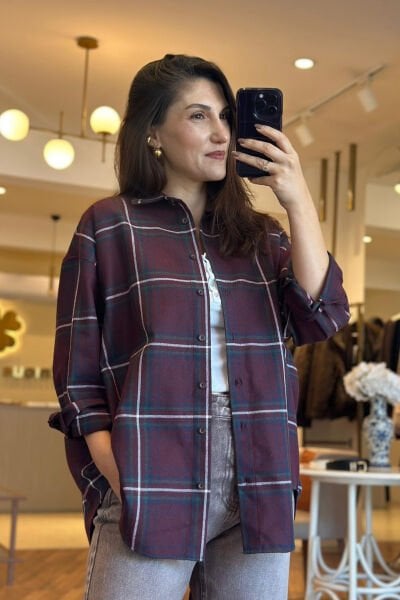 Bordo Ekose Yün Dokulu Oversize Gömlek