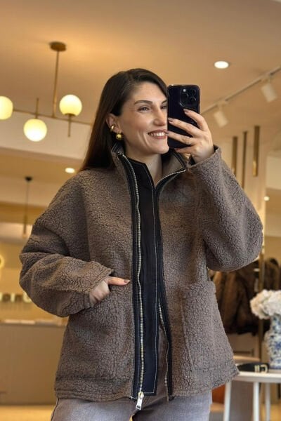 Kahve Dik Yaka İçi Nubuk Peluş Spor Ceket