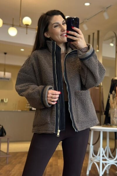 Kahve Dik Yaka İçi Nubuk Peluş Spor Ceket